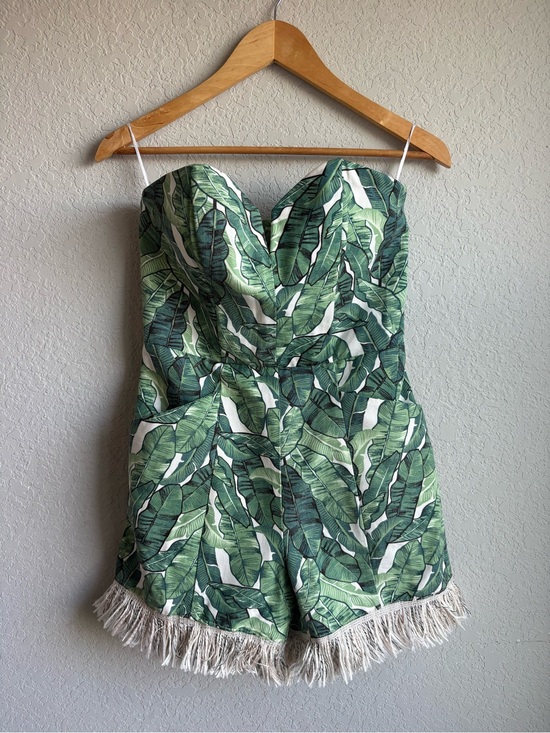 H&M Pants - H&M Green Leaf Print Strapless Romper with Fringe